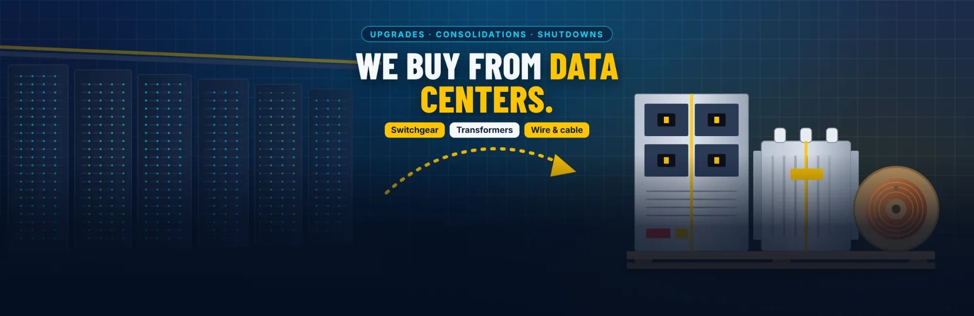 Illustration of switchgear, a transformer and a cable reel coming out of a data center