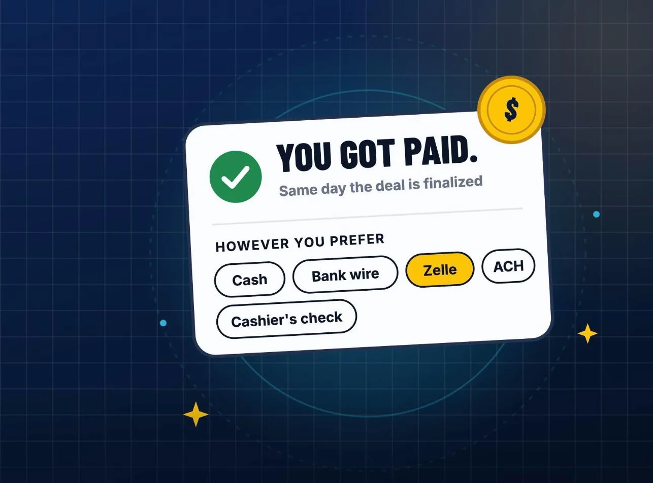 Illustration of a You got paid card listing cash, bank wire, Zelle, ACH and cashier's check