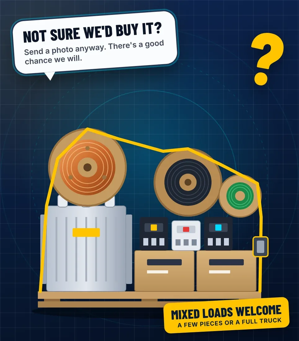 Illustration of a strapped pallet of transformers, breakers and wire reels