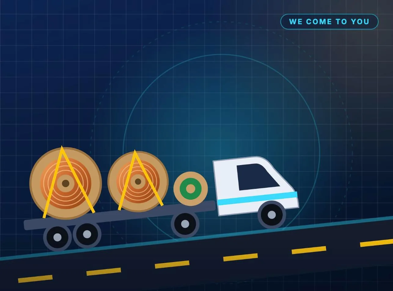 Illustration of a truck hauling strapped-down wire reels to a pickup