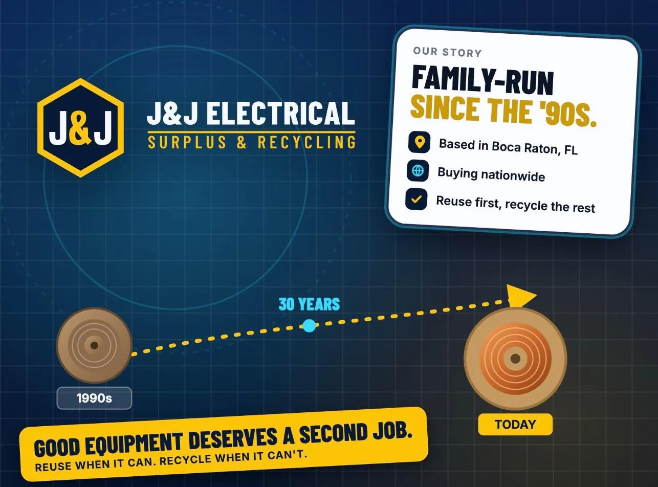 J&J Electrical Surplus logo with a timeline of wire reels from the 1990s to today, family-run since the 90s
